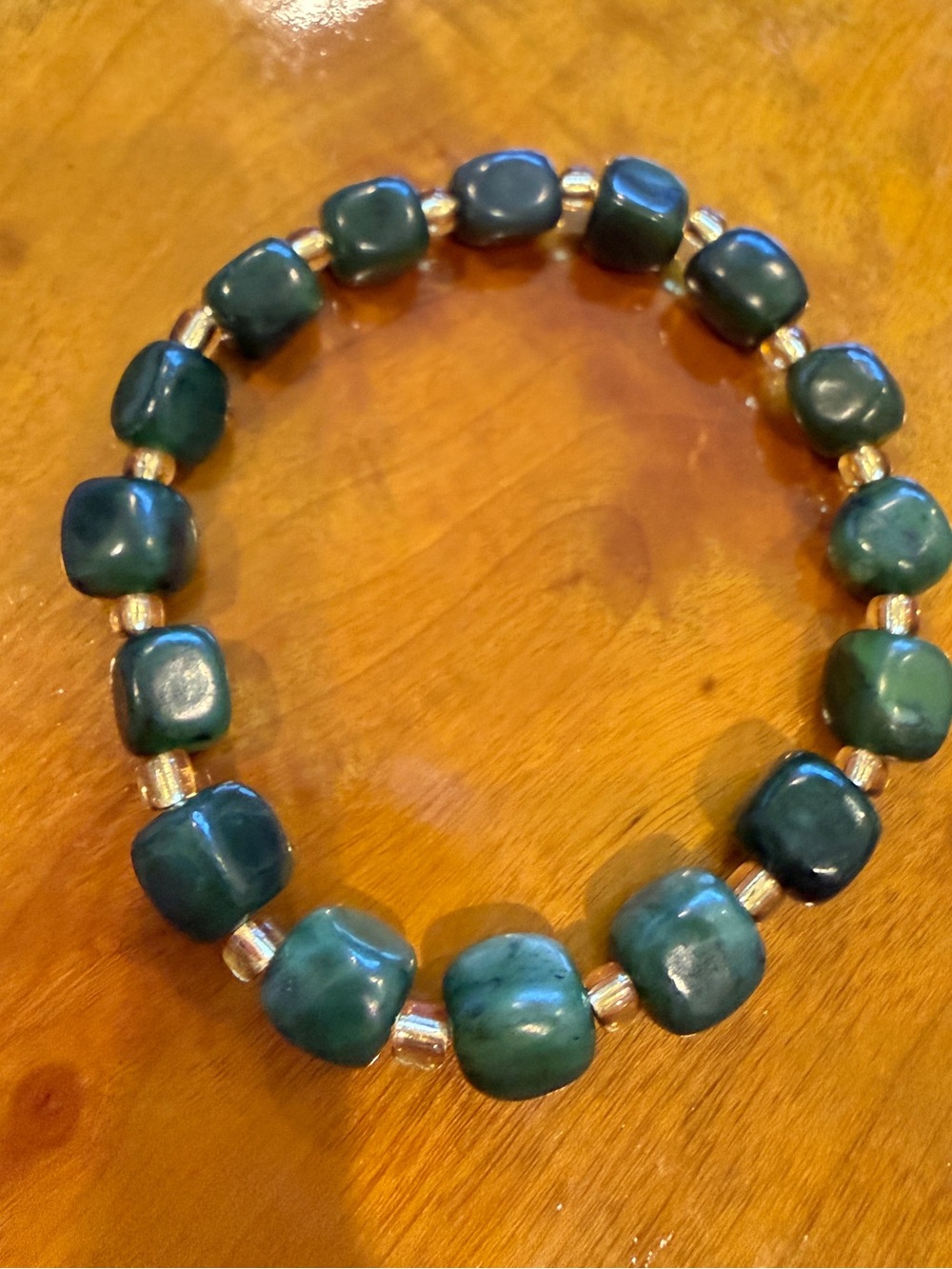 Green Beaded Stretch Bracelet - Polished Stone and Gold Accent